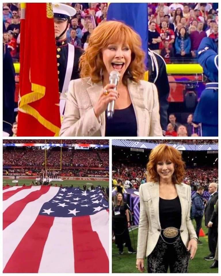 Tears flow as Reba McEntire sings the US National Anthem during Super